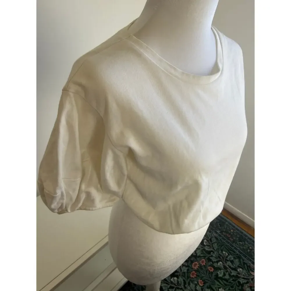 Zara Womens Short Puff Sleeve Minimalist Elastic Cropped Blouse Top White Small